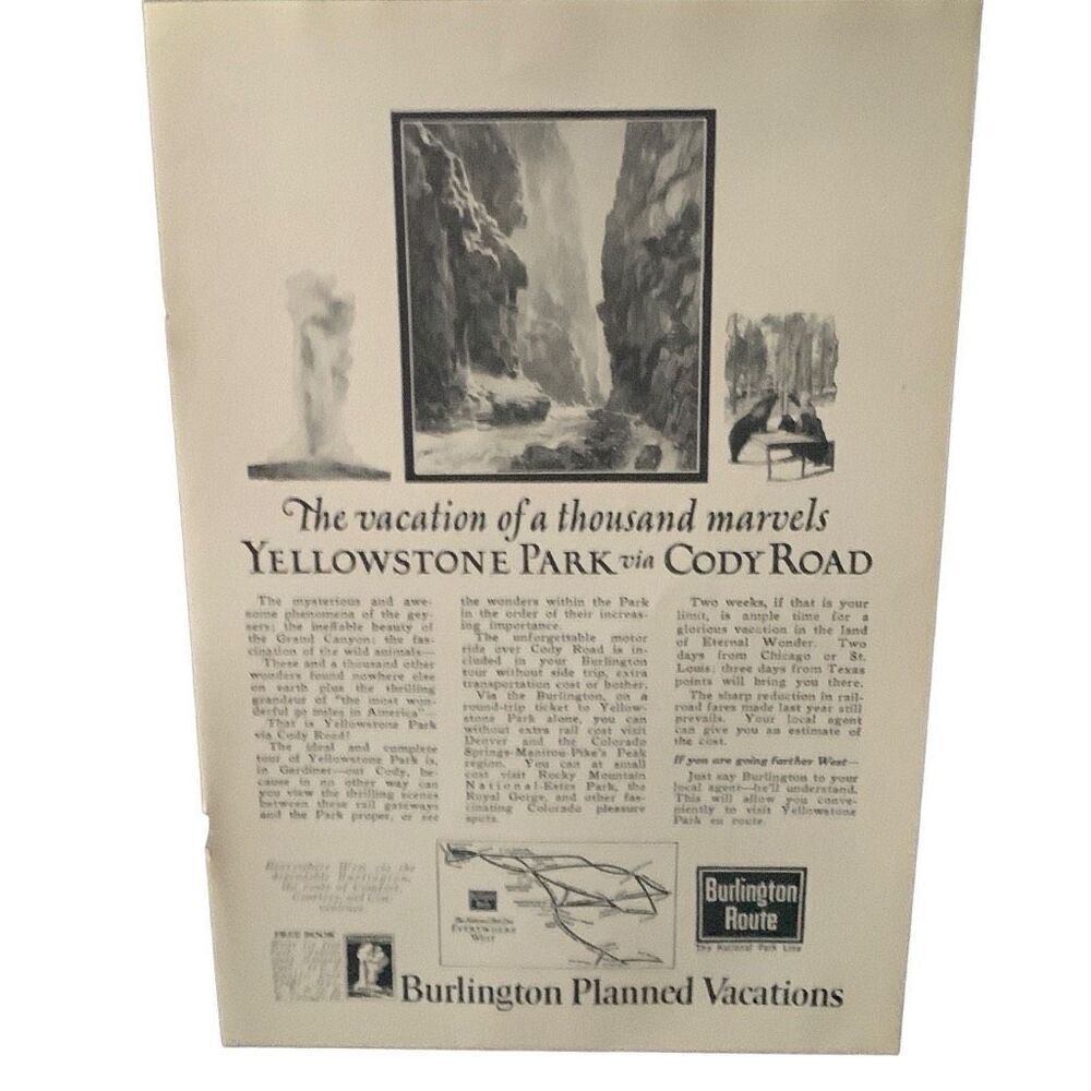 Vintage 1923 Burlington Route Yellowstone Park Cody Road Ad Advertisement
